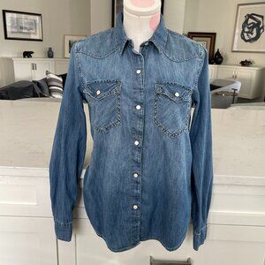 GAP Denim LS Western Cowgirl Denim Shirt Pearl Snap Close Med Wash Indigo Blue S